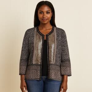 Chico’s Cardigan Size 2 (Large) Sequin Mixed Media Metal Chain Link Neckline